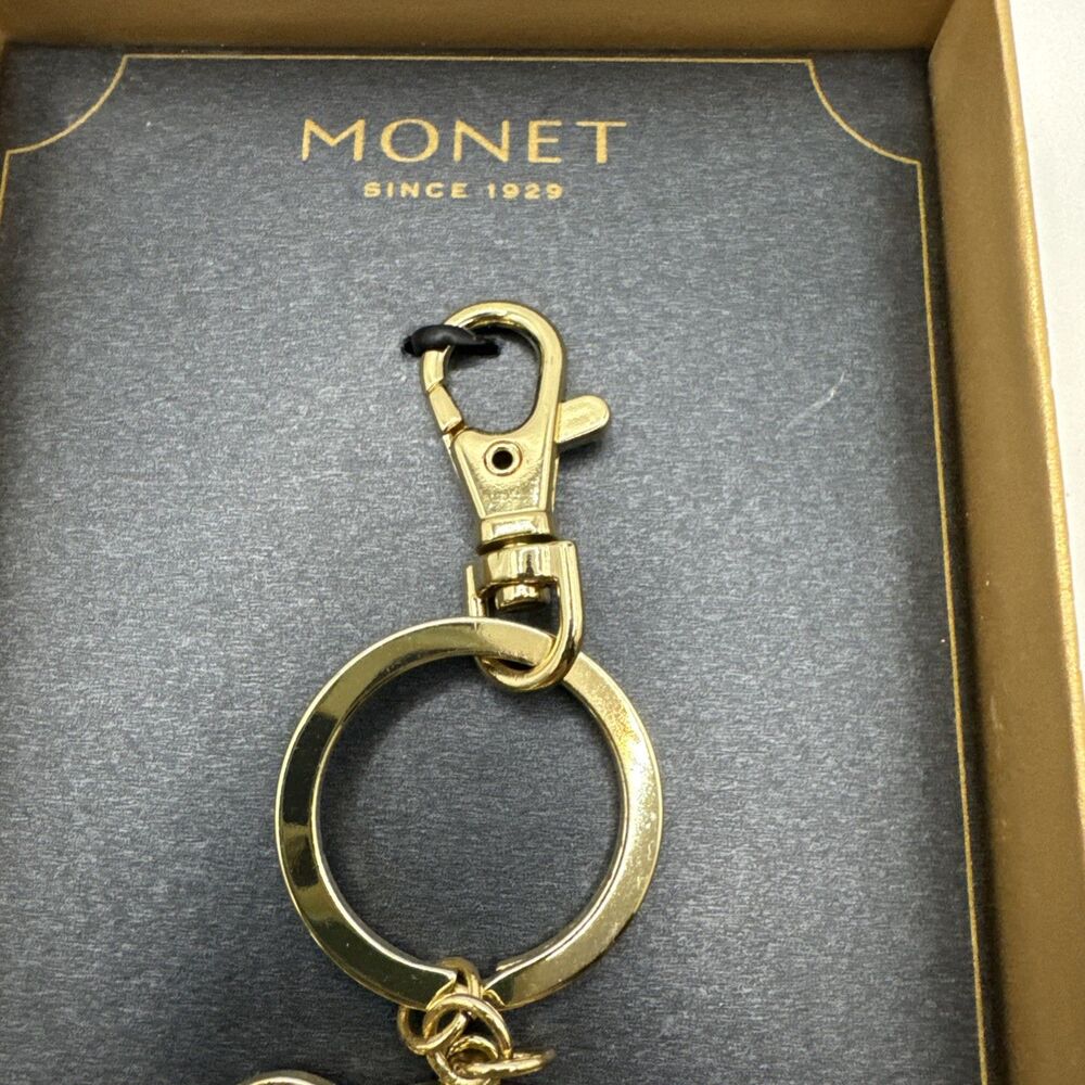Monet Elephant Rhinestone Keychain Goldtone Green Stone Keyring Key Tag IOB - Picture 3 of 3
